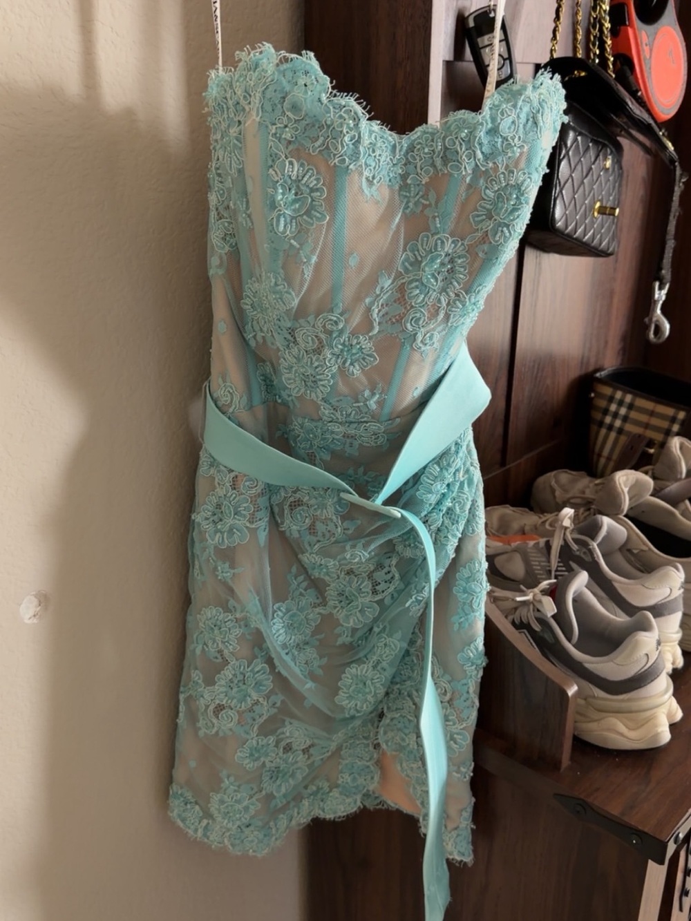 Portia and Scarlett Aqua Lace Strapless Wrap Mini Dress